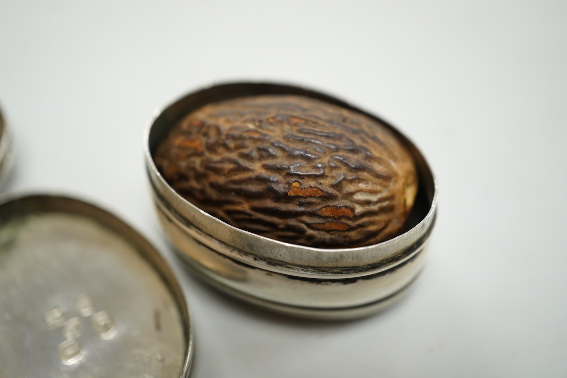 A George III silver oval nutmeg grater by Samuel Pemberton, Birmingham, date letter rubbed, 34mm.